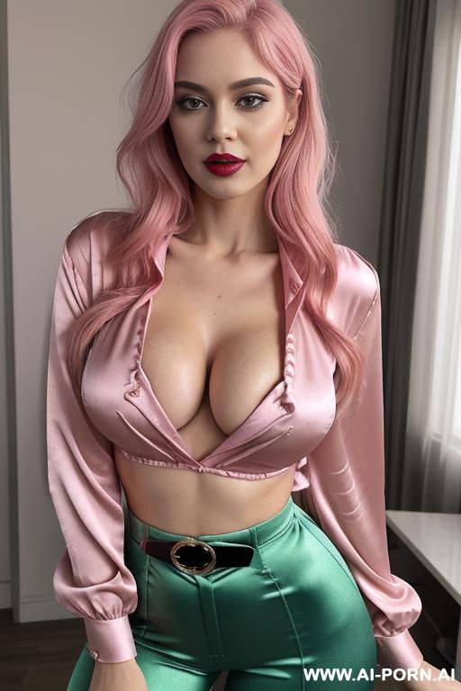 messy pink hair, pink lipstick, absolutely breasts, green satin long-sleeved blouse, cleavage, satin garterbelt, lower body nude - #main