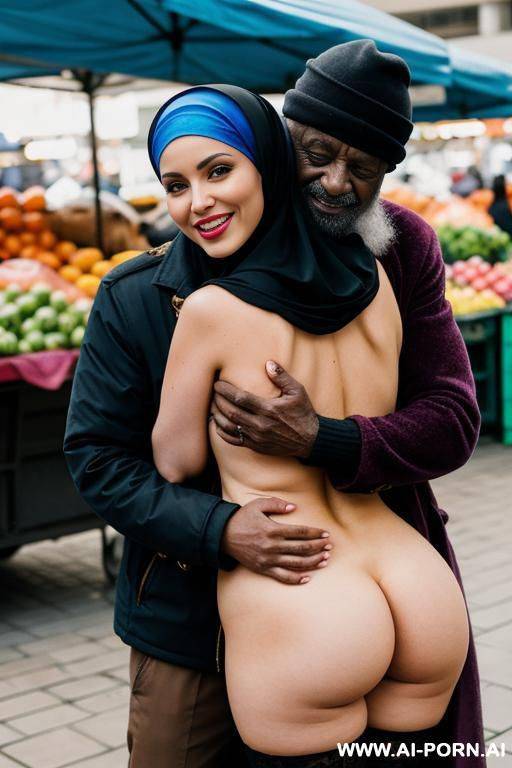 smiling curvy russian busty wife wearing colored hijab fully naked hugged from old black homeless man in market - #main