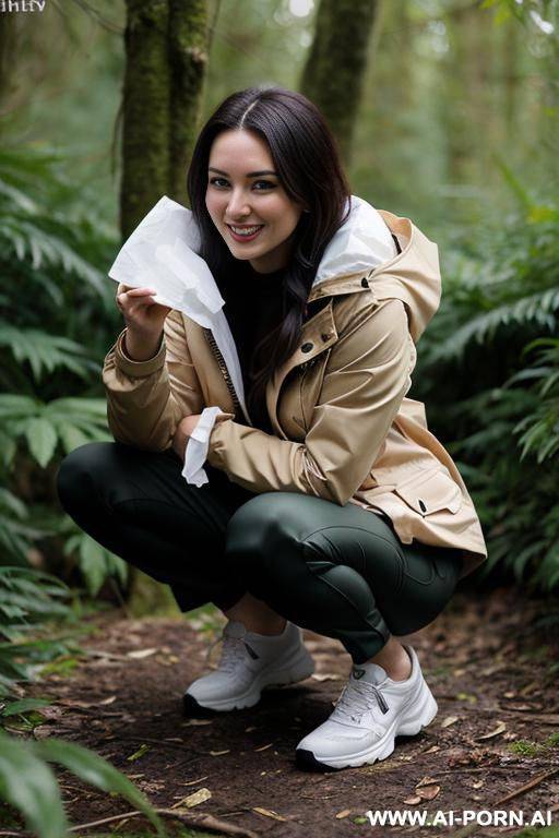 woman squatting in underbrush, jacket, pants, holding tissue, backview - #main