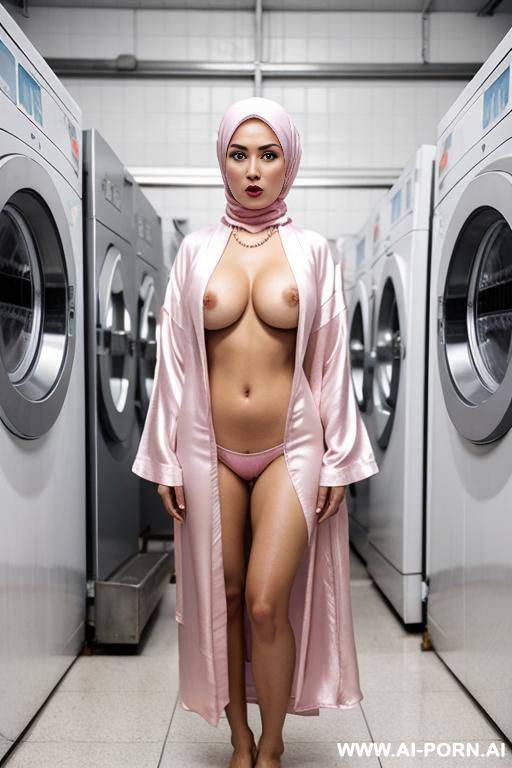 woman in a pink silk robe, necklace and hijab. long legs, wide hips. - #main