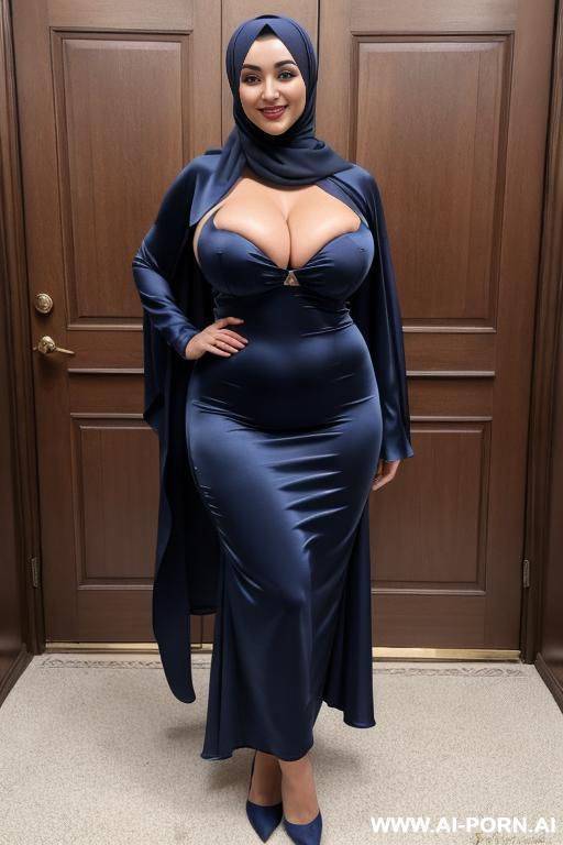 smiling curvy russian busty wife wearing dark blue hijab standing topless - #main
