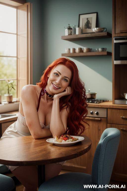 ((topless)), (dark red hair) (perfect skin) ((natural firm breasts), (pretty face), (wide hips), (soft alluring smile), (high stockings), (choker) - #main