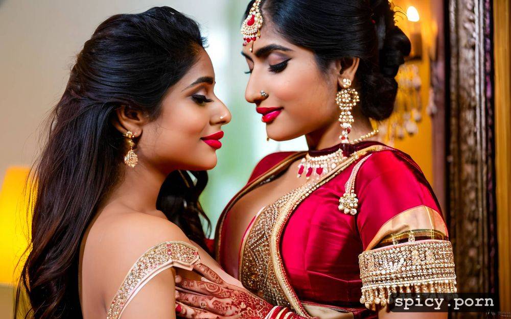 two extremely gorgeous indian slim 22 years old woman as bride and revealing her perfectly shaped boobs and proper face and red lipstick with no mishap in indian bride outfit kissing each - #main