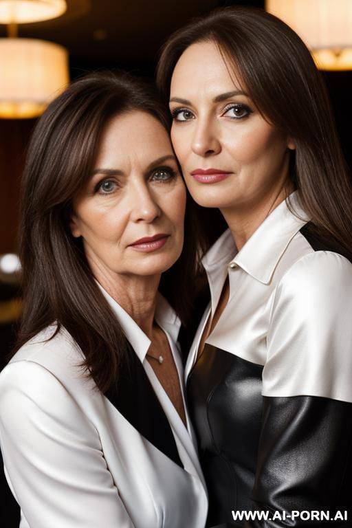 two beautiful sexy old sisters in elegant black leather business suits, white satin blouses, no cleavage, one with messy hair, one with straight hair, lightesr brown hair, in a hotel bar, kissing each other - #main