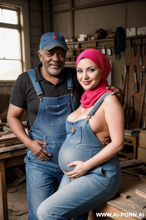 smiling curvy russian brunette busty pregnant wife fully naked wearing colored hijab sitting on the lap of old black man in workshop - #main