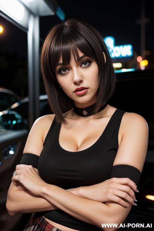 woman, full body, standing, brown hair with emo bangs, big expressive eyes, triangular hips, thick thighs, wearing black tank top, wearing plaid woman skirt, in front of drive thru at night - #main