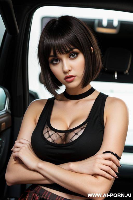 young woman, full body, standing, brown hair with emo bangs, big expressive eyes, triangular hips, thick thighs, wearing black tank top, wearing plaid woman skirt, in front of drive thru at night - #main