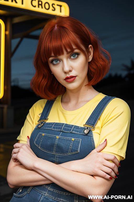 woman, full body, standing, red hair with bangs, big green eyes, triangular hips, thick thighs, wearing yellow top under blue denim overalls, in front of drive thru with glowing signs at night - #main