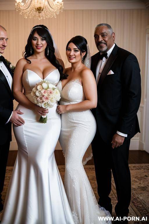 two smiling curvy russian brunette brides wearing wedding dress hugged from two old black men - #main