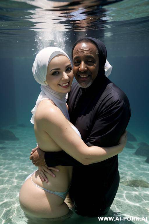 smiling curvy russian busty women wearing hijab hugged from old black man underwater - #main