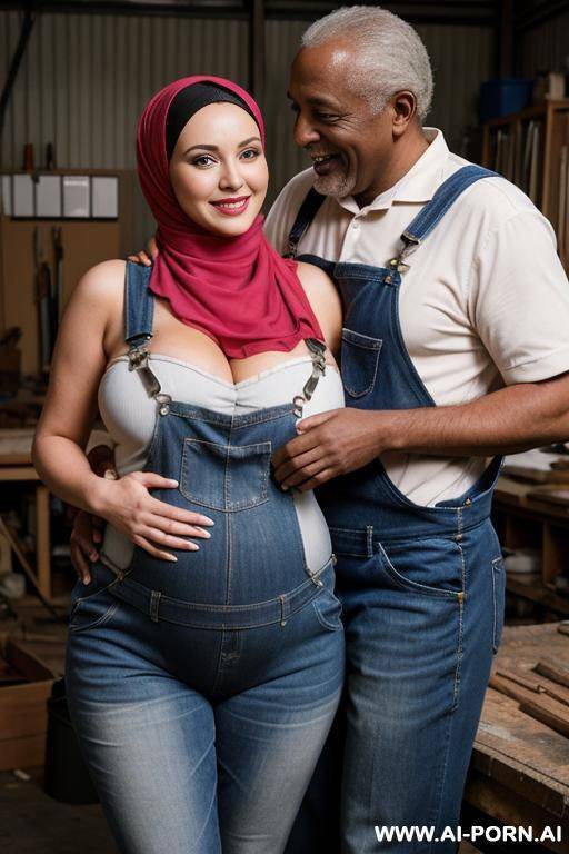 smiling curvy russian brunette busty pregnant wife fully naked wearing colored hijab hugged from old black man in workshop - #main