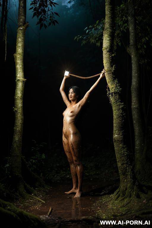 nude woman, tied to a post, hands bound, above head, in a clearing, jungle, torchlight, wet, rain, fog, mud splatter, dark, night, fire light, dramatic lighting - #main