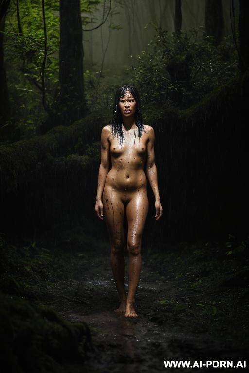 nude woman, tied to a post, hands bound, in a clearing, jungle, torchlight, wet, rain, fog, mud splatter, dark, night, fire light, dramatic lighting - #main