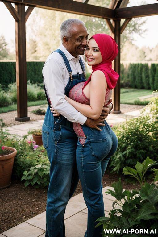 smiling curvy russian brunette busty pregnant wife naked wearing colored hijab hugged from old black man in house garden - #main