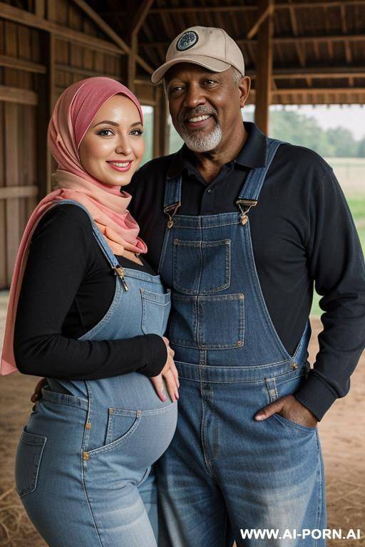 smiling curvy russian brunette busty pregnant wife naked wearing colored hijab hugged from old black man in stable - #main