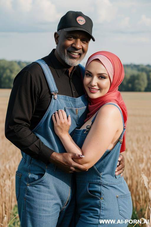 smiling curvy russian brunette busty wife naked wearing colored hijab hugged from old black man in field - #main
