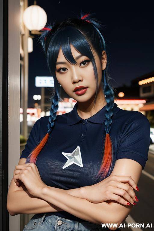 asian woman, full body, standing, blue hair, large expressive eyes, triangular hips, thick thighs, wearing a burdy t-shirt over a white polo shirt, star print on the t-shirt, blue denim woman skirt, in front of the drive thru at night - #main
