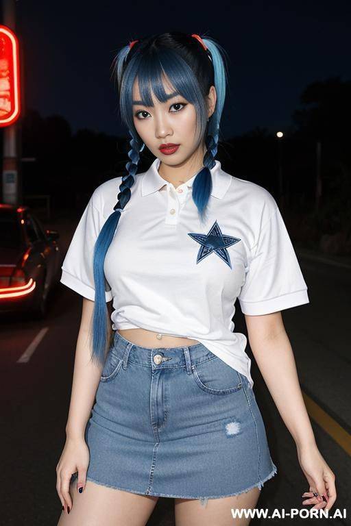 young asian woman, full body, standing, blue hair, large expressive eyes, triangular hips, thick thighs, wearing a burdy t-shirt over a white polo shirt, star print on the t-shirt, blue denim woman skirt, in front of the drive thru at night - #main