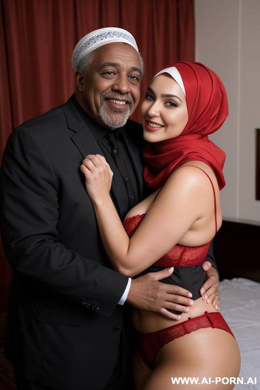 smiling curvy russian brunette busty wife wearing hijab and red lingerie hugged from old black man - #main