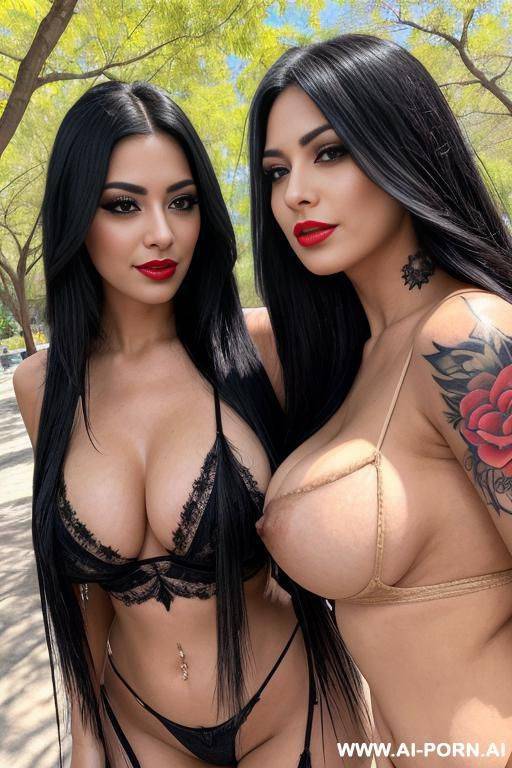create a realistic intricated picture of two beautiful smiling 1 latina straight long black hair black eyes with fringe eyelashes red lips big tits deep cleavage with a i love daddy tattoo on the chest and a beige suit in a park - #main