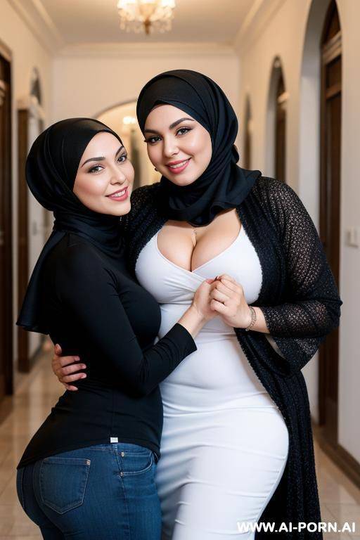 smiling curvy russian brunette wife wearing colored hijab hugged from old black man - #main