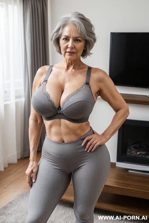 0 year old grandmother, full body, standing, short gray hair, lady, clearly visible age marks, triangular hips, thick thighs, hands on hips, gay legging and bra, living room in front of the television - #main