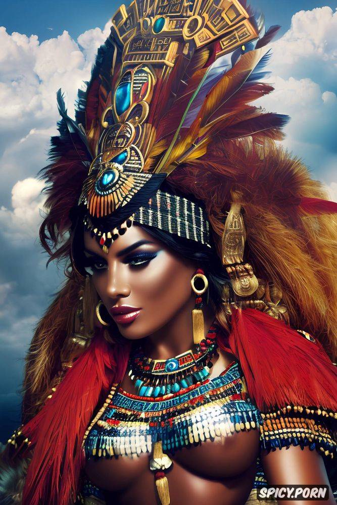 k shot on canon dslr, tits out, abs, aztec queen ancient aztec aztec pyramids crown royal feather robes beautiful face full lips milf topless - #main