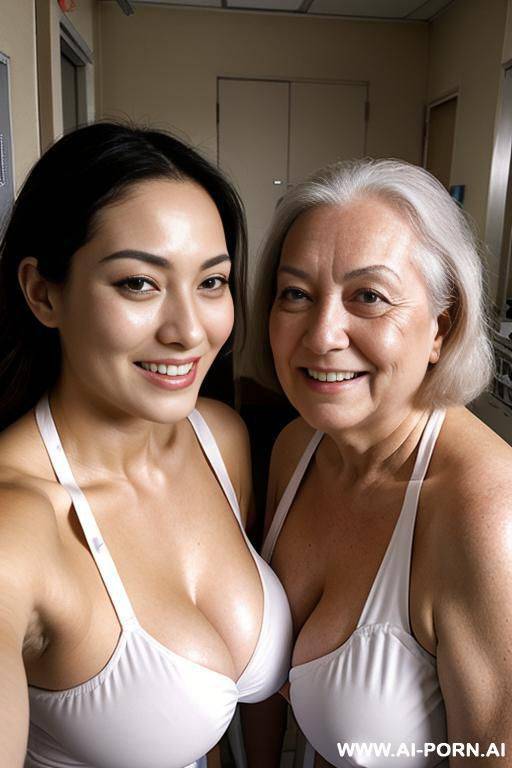 hospital room, hospital gown, topless, surrounded by old men - #main