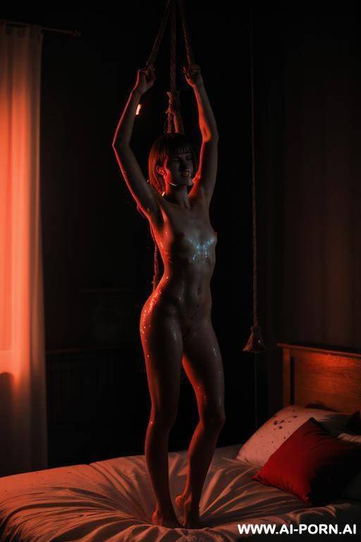 nude woman, suspended by ropes above a bed, in bedroom, dark, dramatic lighting, candles, dirty, black splatter, red light, lit from front and below - #main
