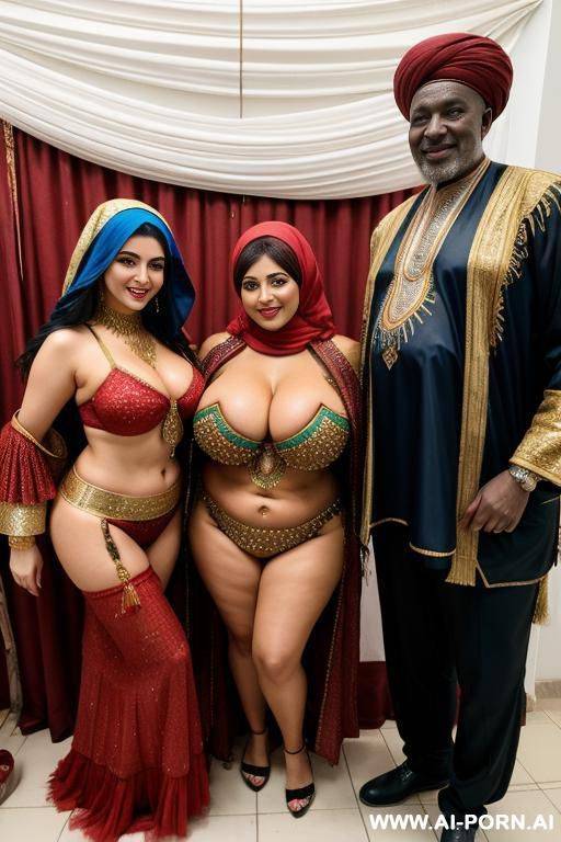 smiling curvy russian brunette chubby wife with messy haircut wearing colored hijab and belly dancing costume standing between two old african men - #main