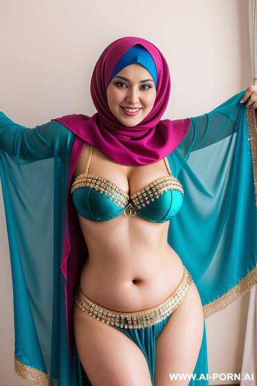 smiling curvy russian brunette chubby wife with messy haircut wearing colored hijab and belly dancing costume - #main