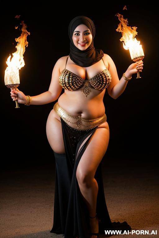 smiling curvy russian brunette chubby wife wearing hijab and belly dancing costume standing on fire - #main
