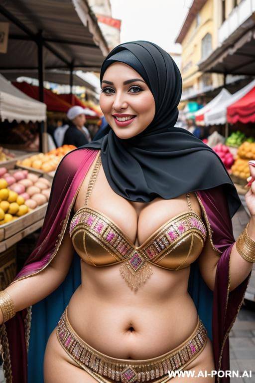 smiling curvy russian brunette chubby wife wearing hijab and belly dancing costume in market - #main