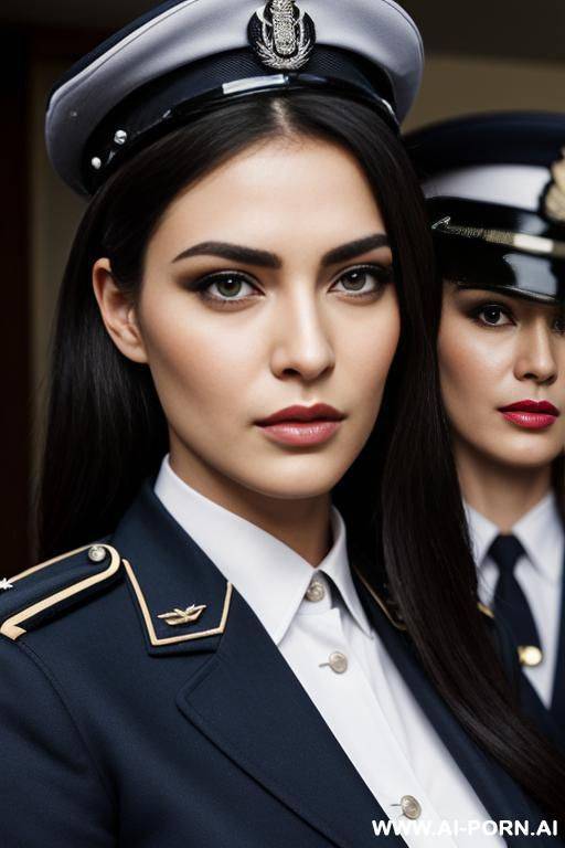three women, photo realistic, high face detail, dressed in uniform, - #main