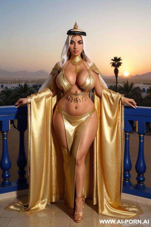 busty woman with gigantic full saggy milky boobs. gold tall lace high heels. ((big bell shaped boobs)). gold choker, earrings, ankle chain, thigh chain. gold armband. gold thigh bracelet. palm - #main