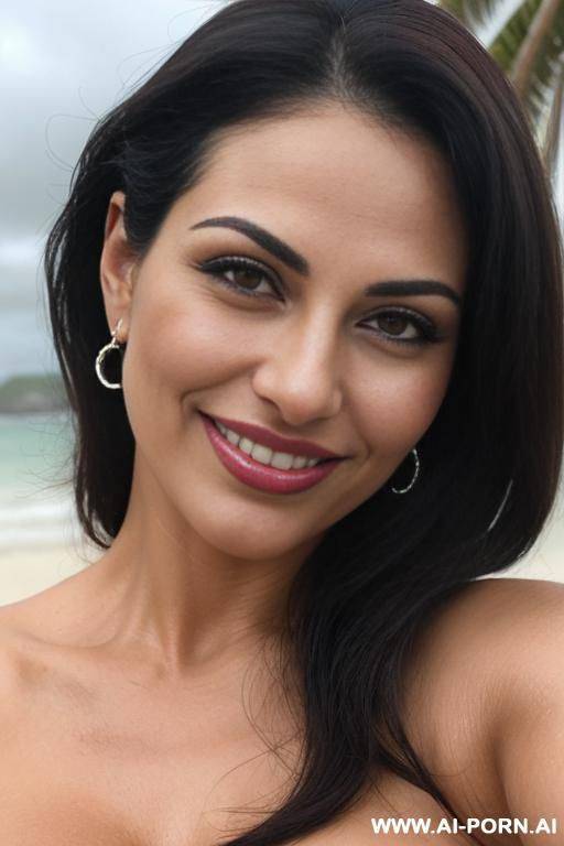 (((beautiful sexy attractive))) milf, (closeup), beach, overcast cloudy day with diffuse soft light, (eye contact), happy smile, [[lipstick]] - #main