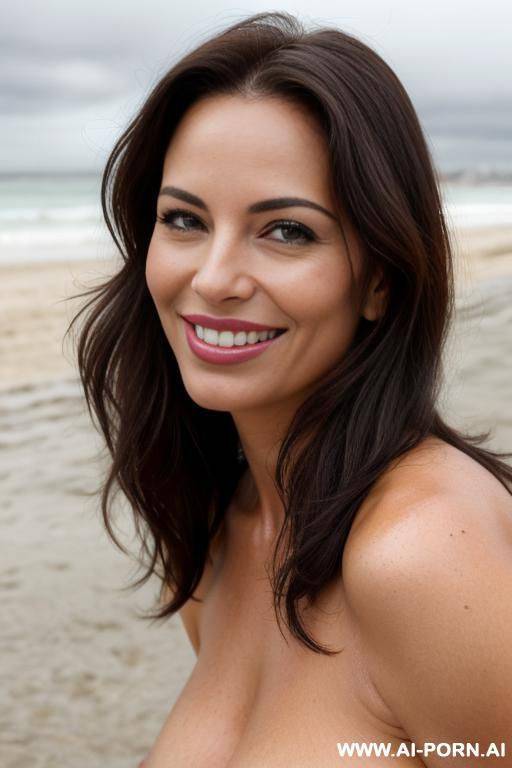 (((beautiful sexy attractive))) milf, ((closeup)), beach, overcast cloudy day with diffuse soft light, (eye contact), happy smile, [[lipstick]] - #main