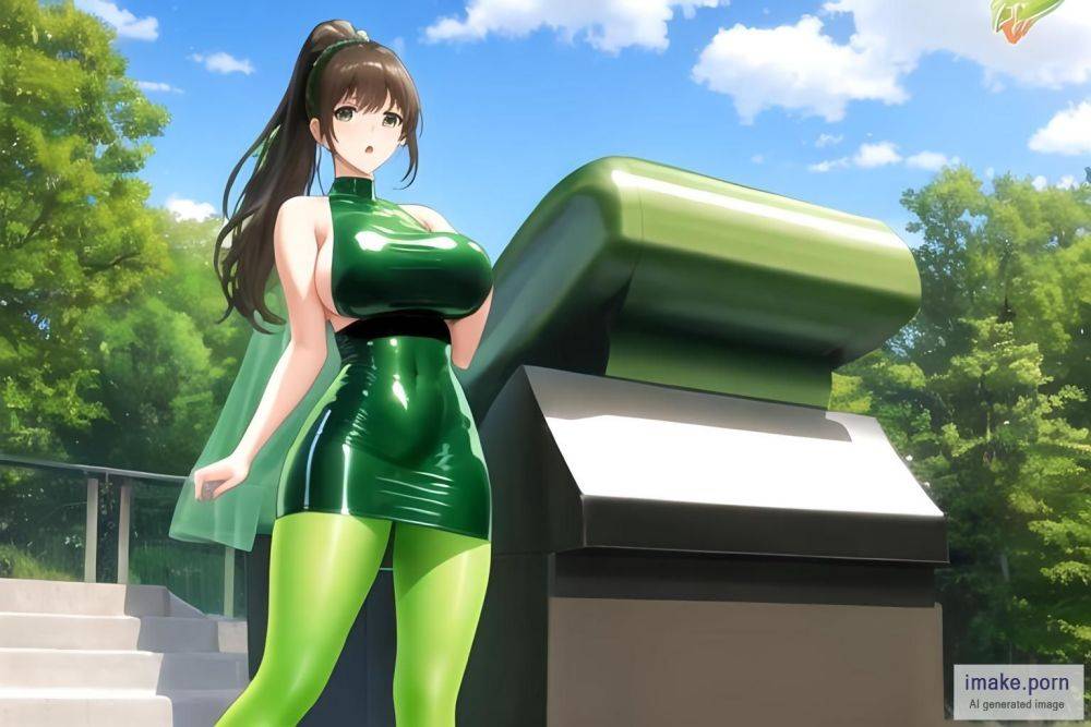 Green tights latex dress , ponytail hair brunette, fake big... - #main