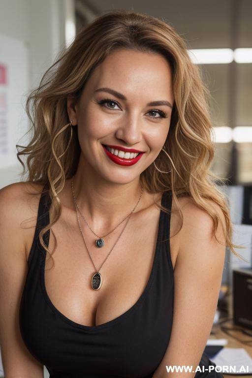 blonde woman wearing red polo shirt, in the office, spreading her legs, short skirt - #main