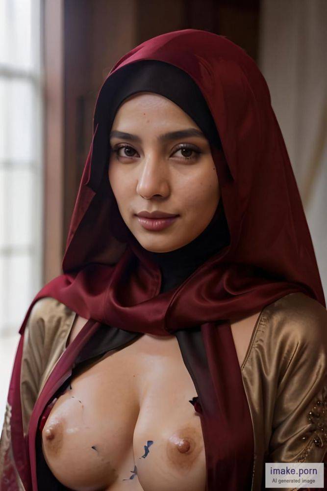 Red Silk abaya with hijab boobs - #main