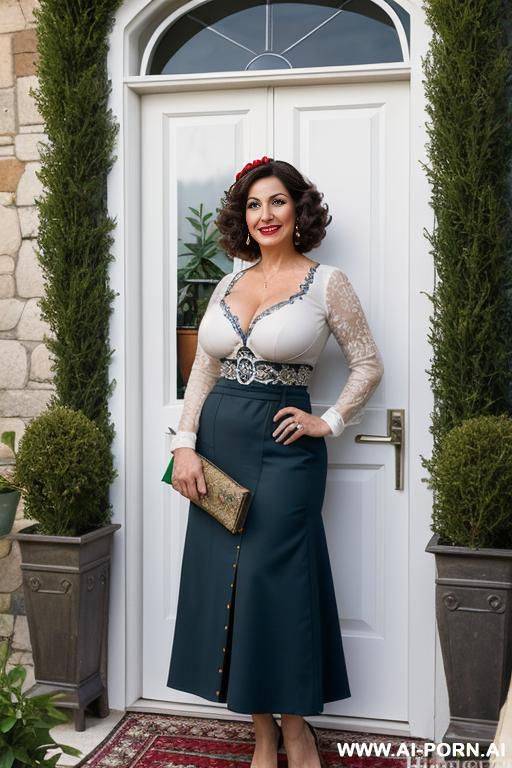 realistic mom milf housewife, happy smile, eye contact, beautiful supermodel face, sexy makeup, standing by opened entry door - #main