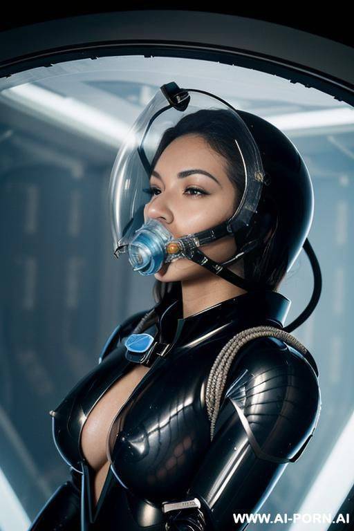 (close up) ((gorgeous woman) in (completely open topless) (partially transparent armored (black and blue) flight suit) (wearing oxygen mask)) (spacecraft launch bay) - #main