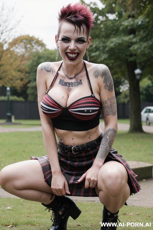 british punkwoman squatting in messy park, mohawk, short skirt, hairy pussy, pussy drips pee - #main