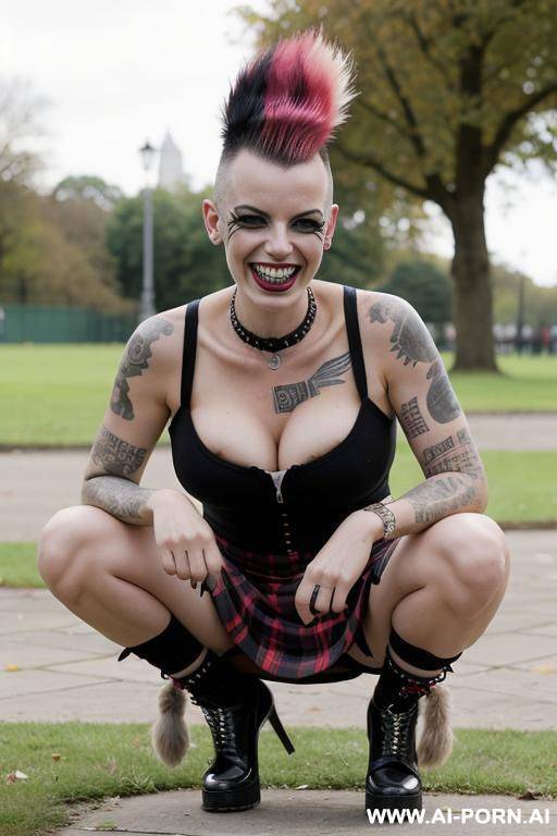 british punkwoman squatting in messy park, short skirt, hairy pussy, mohawk - #main