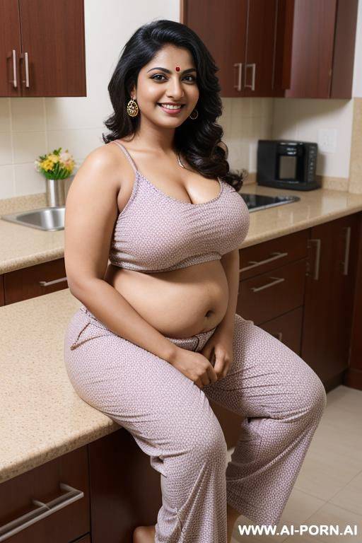 cute indian woman in her 30s, smiling, slightly chubby belly, waist, big ass, medium boobs, wearing pyjama pants, sitting on kitchen table showing feet - #main