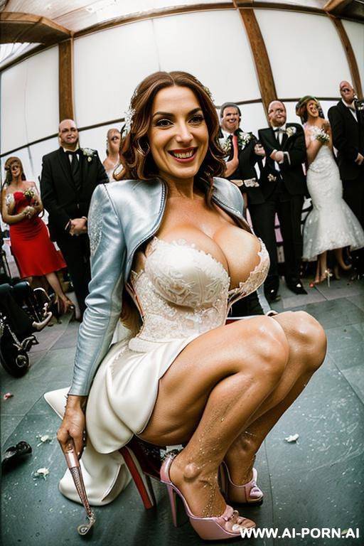 ((((view fish eye lens view)))) ((((an oldman in a wheelchair )))) at de wedding celebration ((((pretty italian wife squatting)))) lot leather jacket men looks at her close up around spilling - #main