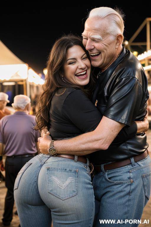 ((((laughter oldmen hugging)))) ((((next many oldmen)))) at dusk at the outdoor motorcycle coustom festival pretty italian woman bending over stage bathes in beer a lot of beer suds lot leather - #main