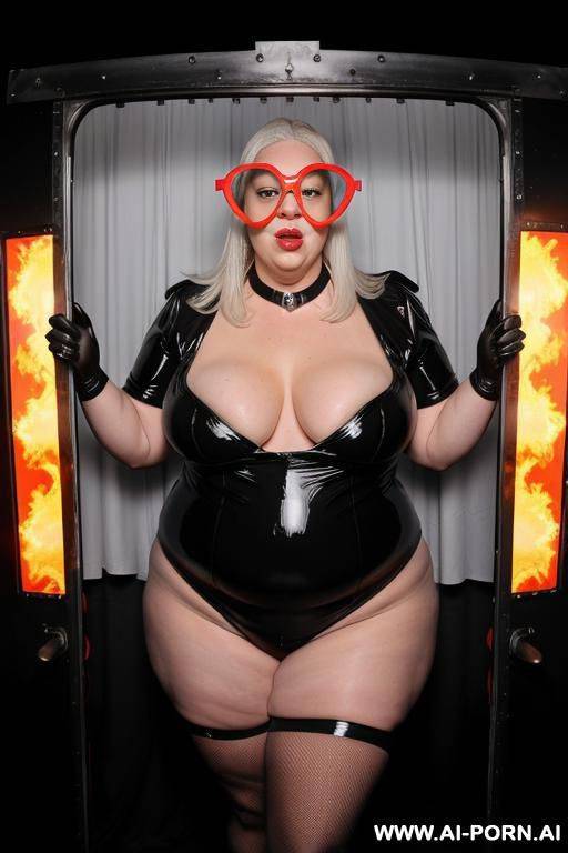 white latex night gown; latex stockings; latex gloves; collar; gigantic huge boobs; obese; very big long nipples; - #main