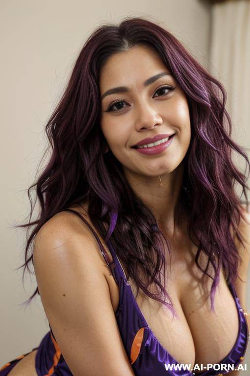 close!, immersive expression, lovingly boastful japanese casual milf, loose wavy purple hair, closeup in decent dress, lush makeup, she is naturally tanned, pleasure, lying, real-life sei-ra sodes-hiro! - #main