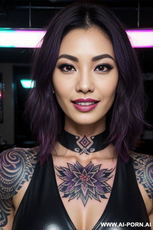 close!, immersive expression, lovingly boastful japanese casual milf, loose wavy purple hair, closeup in decent dress, she is mild-tanned, abstract background, pleasure, lying, real-life sei-ra sodes-hiro! - #main